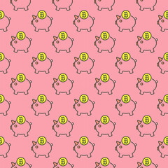 Piggy Bank with Cryptocurrency vector Bitcoin colored seamless pattern - 787842553
