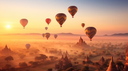Hot air balloons over Bagan pagodas