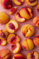 Naklejka na ściany i meble Fresh Peaches Drenched in Water Droplets on a Pink Surface
