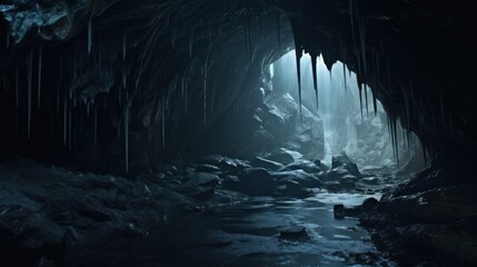 Beautiful dark cave with stalactites and stalagmites - obrazy, fototapety, plakaty