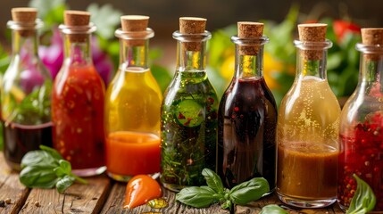 Dressings and sauces in glass bottles