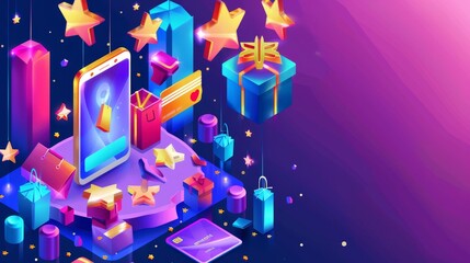 A loyalty program landing page with an isometric design, and a mobile application with bonus points, a gift box, and a bag on screen. The banner is a modern 3D design.
