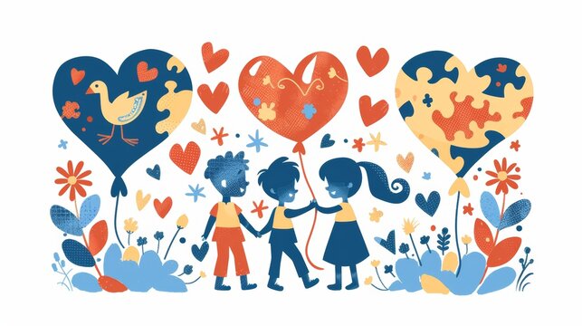 Symbols of the world autism day. Modern cartoon set of puzzle pieces in the shape of a heart, balloon, and kids silhouettes.