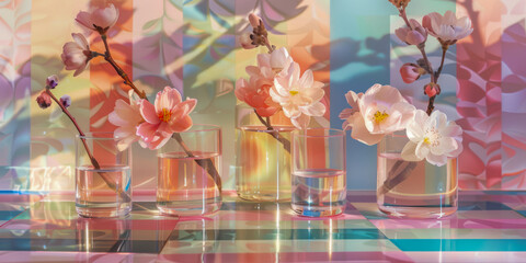 Blossoming Flowers in Glass Vases with Prism Reflections