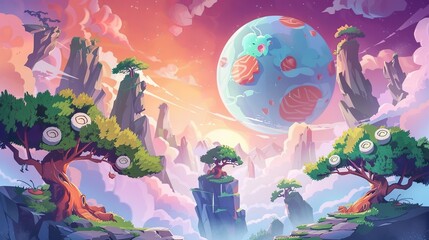 This modern banner of a sushi planet has a fantasy landscape with trees with rolls, ginger and salmon planets in the sky. A banner for a restaurant or arcade game with cartoon illustrations. - obrazy, fototapety, plakaty