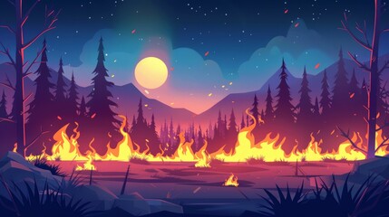 Camping in a burning forest. Natural disaster, ecosystem catastrophe. Cartoon illustration of wildfire, burned landscape with flames on the grass and trees.