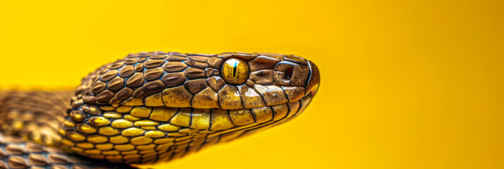 Obraz premium Serpent's Gaze: Close-Up of a Snake Against a Yellow Backdrop