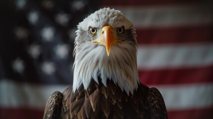 Naklejka premium Majestic Bald Eagle Against American Flag. Symbol of Freedom and Patriotism