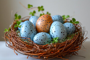 Speckled Easter Eggs Nestled in a Woven Nest with Clover