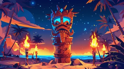Website with tiki bar illustration and wooden tribal mask. Modern drawing of polynesian totem and palm trees in the night. - obrazy, fototapety, plakaty