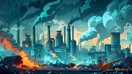 An illustration of a world of destruction and devastation as a cartoon web banner, illustrating a destroyed city, war, abandoned buildings, and factory pipes with smoke. This illustration shows - obrazy, fototapety, plakaty