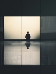 Silhouetted figure standing before luminous panels in a reflective contemplative setting