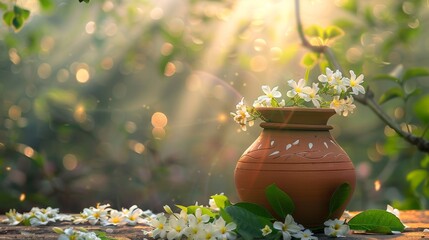 a clay water pot decorated with jasmine flowers in a beautiful morning setting with the sun rays...