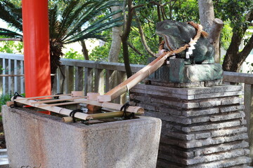 Japanese shrine washing pond with frog statue