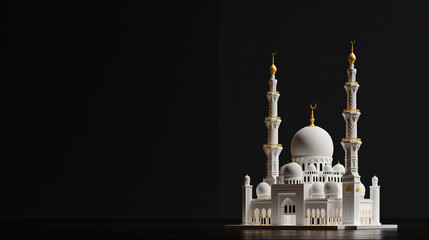Miniature mosque isolated on dark background with copy space for Islamic celebration day ramadan kareem or eid al fitr adha
