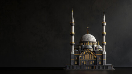 Miniature mosque isolated on dark background with copy space for Islamic celebration day ramadan kareem or eid al fitr adha