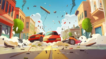 Foto auf Glas Drive carefully banner with car accident on city street. Modern landing page with cartoon illustration of broken vehicles after collision with smoke and glass shards. © Mark