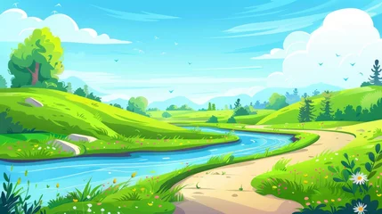  Grassy hills, a water stream, and a road on the riverside in a modern cartoon illustration of a countryside in summer. © Mark