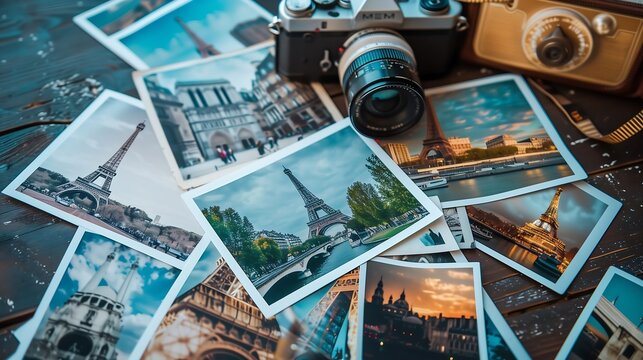 travel photos of different landmarks and tourism destinations on table