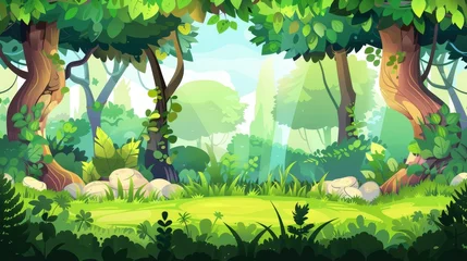 Gardinen Modern parallax background with layers with cartoon woods landscape in daylight with green grass, stones and tree trunks. Scene of a jungle, garden or natural park. © Mark