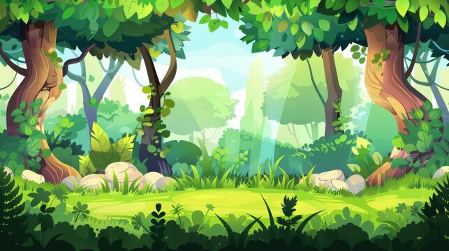 Modern parallax background with layers with cartoon woods landscape in daylight with green grass, stones and tree trunks. Scene of a jungle, garden or natural park.