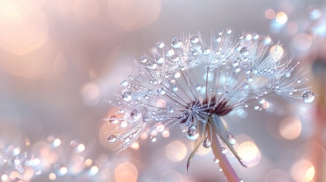 Dandelion with drops of dew in a silver color. Water drops on a parachutes dandelion on a beautiful silver background. Soft dreamy tender artistic image snowflake. Macro.