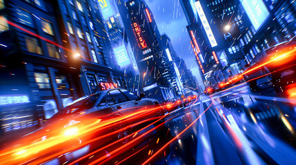 Dynamic City Street at Night, Cars Speeding with Light Trails, Urban Energy and Movement
