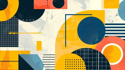 Retro-modern abstract composition with bold geometric shapes in yellow, orange, and blue, offering a trendy vector illustration backdrop