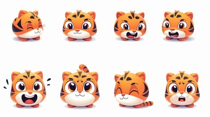A cute little tiger character with a wide range of emotions. Cartoon kitten emoji set, animal mascot on a white background.