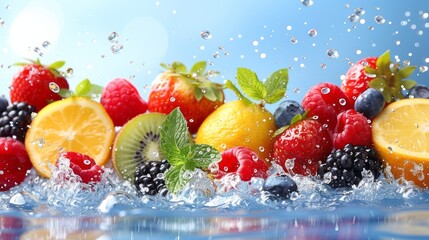 Flight fruits and berries in water on blue background 