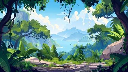 A tropical summer landscape with jungle, mountains, and sea on the horizon. Modern illustration of a rain forest with tropical plants, grass, lianas, and rock formations. - obrazy, fototapety, plakaty