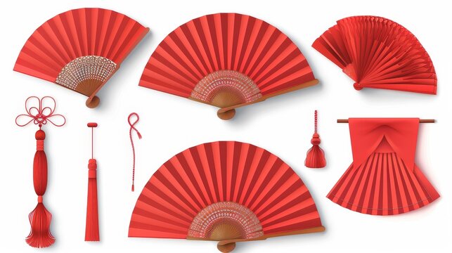 Detailed modern illustration of open and closed red Japanese fans, traditional folding souvenir with tassel, isolated on a white background.