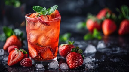 Fresh strawberry cocktail. Fresh summer cocktail with strawberry and ice cubes. Glass of strawberry soda drink on dark background. - obrazy, fototapety, plakaty