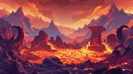 Draagtas An ancient stone altar with devil horns sits in a mountain cave with devil horns flowing down the mountainside. This cartoon illustration shows rocks and a tribal totem in the hot lava lake the © Mark