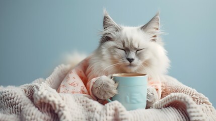 Cozy Ragdoll Cat Enjoying a Relaxing Tea Break in Soft Pajamas on Plush Blanket