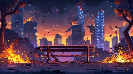 A city park is in flames, war has ravaged it, abandoned benches are burning, and skyscraper buildings are in collapse. Cartoon apocalypse game scene with layers. - obrazy, fototapety, plakaty