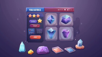 The game menu features user interface panels with buttons. Cartoon graphics with user rating stars, target score, ok, asset and restart boards, and a user profile isolated on a white background. - obrazy, fototapety, plakaty