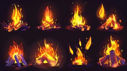 Inferno flames isolated on black background cartoon flame sprite. Orange and yellow shining flare blaze, inferno ignition isolated on black background.
