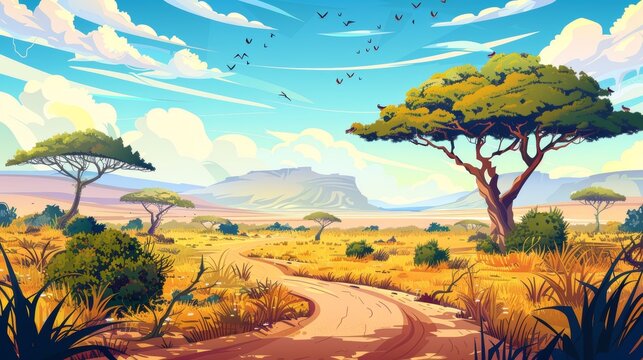 An african savanna landscape with acacia trees, green grass, bushes, roads and mountain ranges. Modern cartoon illustration.