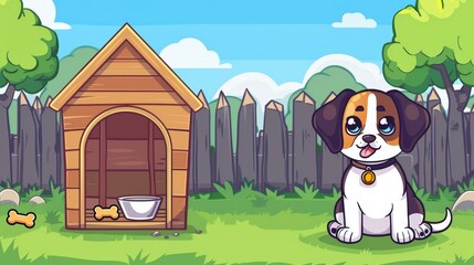 Obraz na płótnie Canvas Modern cartoon illustration of cute puppy champion with gold medal and doghouse isolated on background. Dog sitting with bone and water in bowls near wooden kennel.