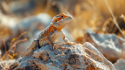 Lizard perched on rock in desert landscape. Dry arid southwest desert scene. Close-up.