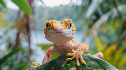 Gecko lizard perched on tree in tropical landscape. Close-up. - obrazy, fototapety, plakaty