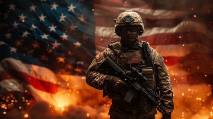 Fototapeta na wymiar Soldier holding machine gun with blurred national flag background