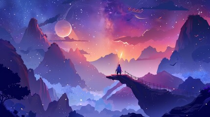 Cartoon landing page for dangerous journey, magic fantasy game with knights or rangers. Night mountain landscape with suspended bridge under starry sky.