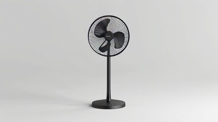 On a white background, a black stand fan is rendered in 3D