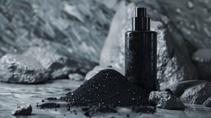 An advertisement for charcoal cleanser with carbon on a marble table in 3D