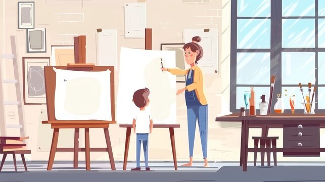 Cartoon web banner, education for kids. A teacher and child are seated in front of an easel during a painting lesson. This cartoon illustration depicts a young boy learning to draw in the artist