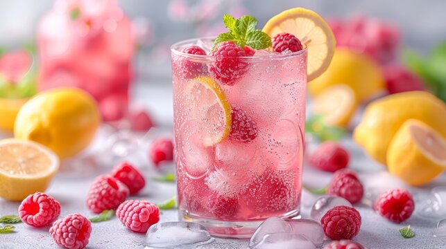 Spring or summer refreshing cold cocktail or mocktail with berries and lemon. raspberry lemonade