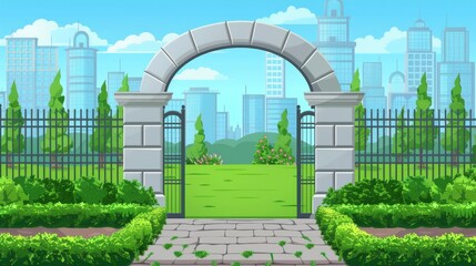 Modern cartoon illustration of city skyline with skyscrapers, archway portal, green grass and trees encircling a public park. - obrazy, fototapety, plakaty