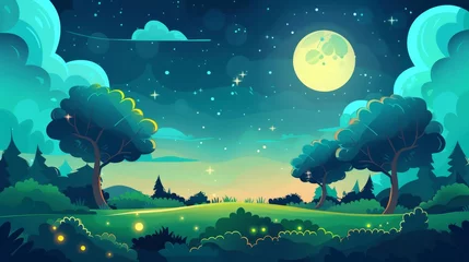 Gardinen Trees and bushes at night in a summer landscape. Modern parallax background with cartoon illustration of a nature scene with lawn, fireflies, clouds, moon and stars at night. © Mark